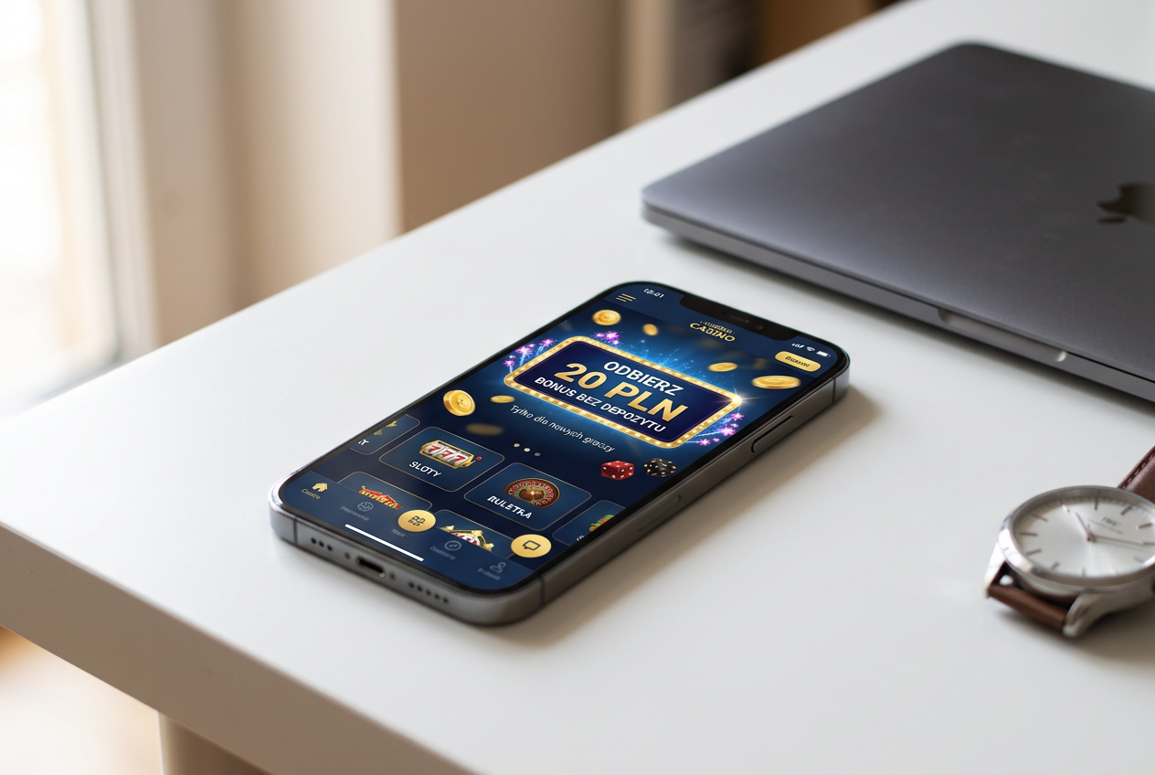 Smartfon wyświetlający listę nagród i bonusów kasynowych na tle nowoczesnego biurka.